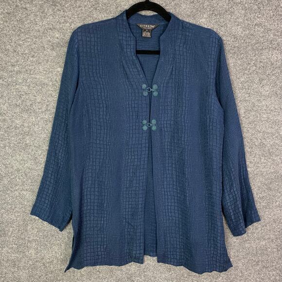 Citron 100% Silk Shirt Jacket Small Blue Textured Mandarin Collar Frog Closure - Picture 1 of 8